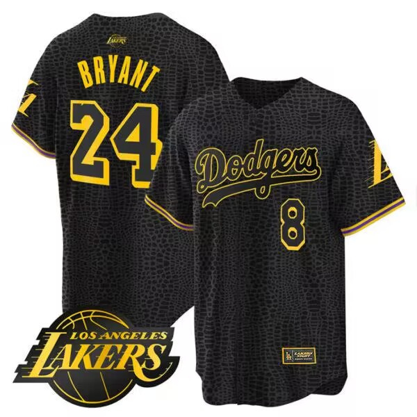 Men's Los Angeles Lakers Front #8 Back #24 Kobe Bryant Black Cool Base With Patch Stitched Baseball Jersey